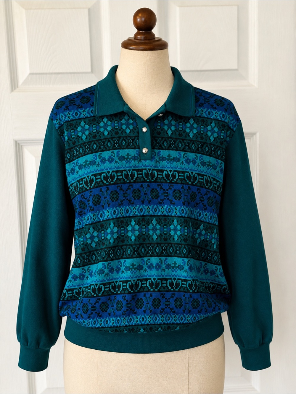 Geometric Fair Isle Polo Sweater Teal Blue Vintage 90s Cottagecore L